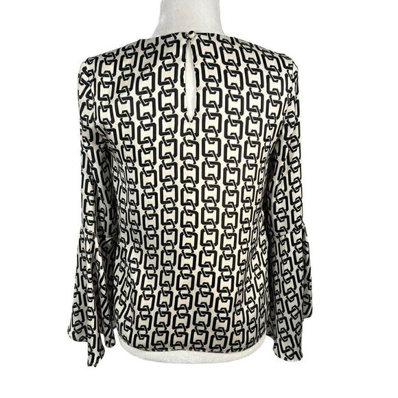 Milly Women's Black & White Keyhole Holly Bell-Sleeve Chain-Print Top Size 2 - Picture 6 of 14